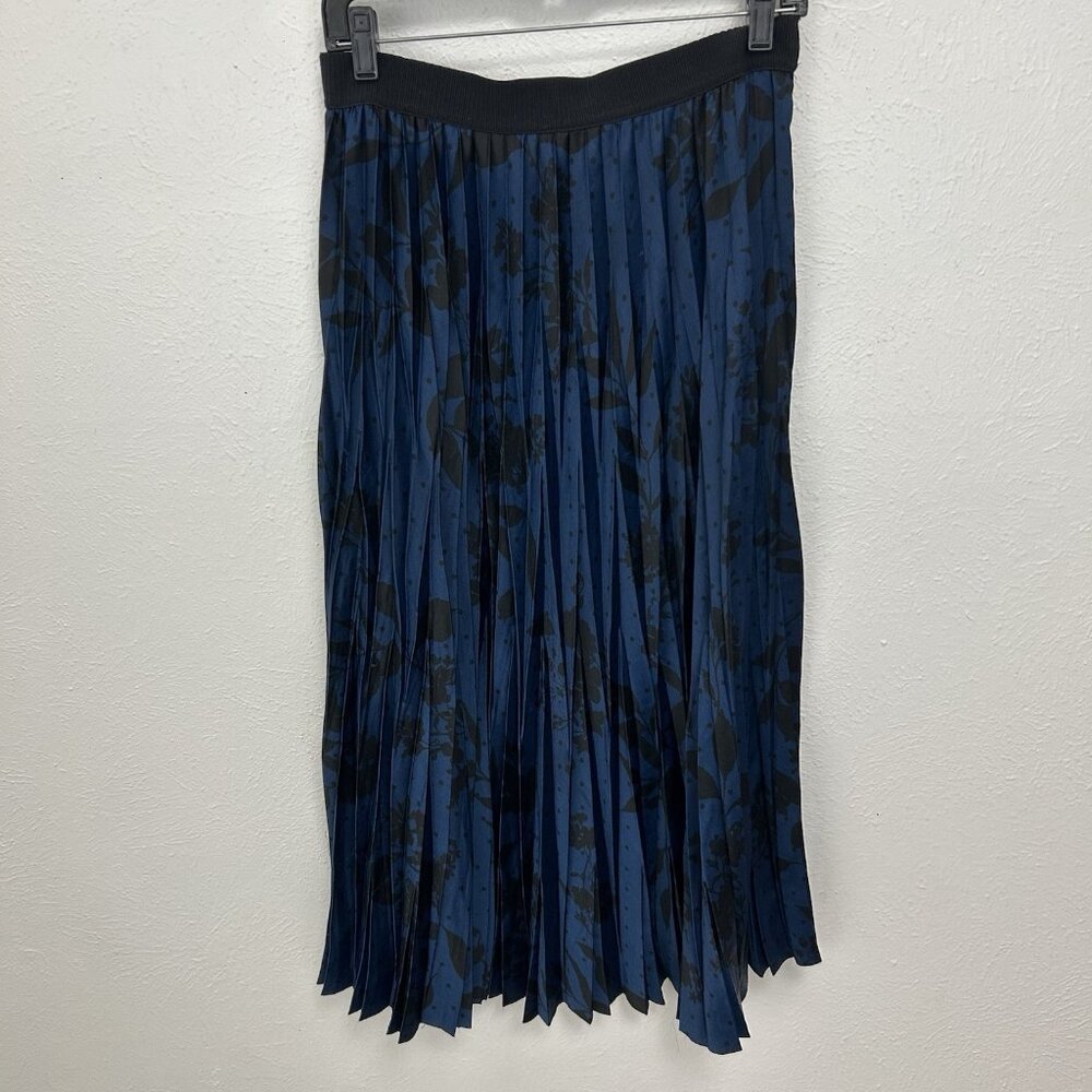 Blue Black Satin Floral Midi Skirt Sz 12 Pleated Goth Dark Fairy Whimsigoth Y2K